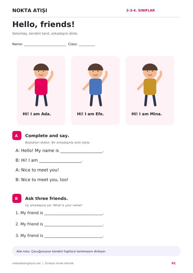 Nokta Atışı Kids örnek çalışma kartının ilk sayfası